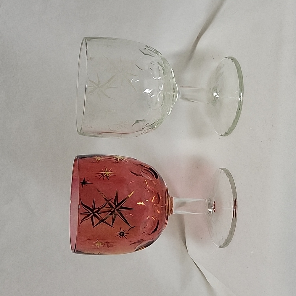 Vintage Bartlett Collins Thumbprint Atomic Starburst Glass Goblets, set of 2